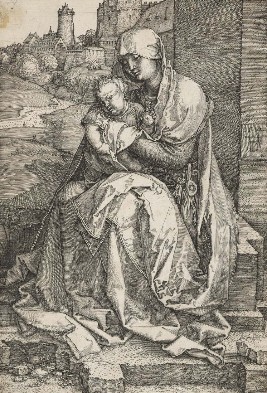 De Maagd zittend bij een muur door Albrecht Dürer