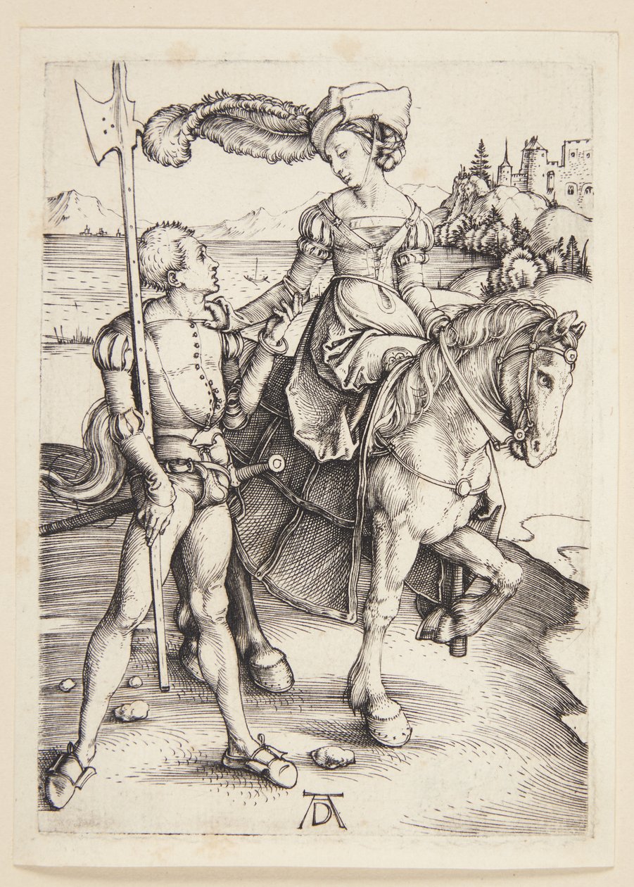 Dame te paard en lansquenet door Albrecht Dürer
