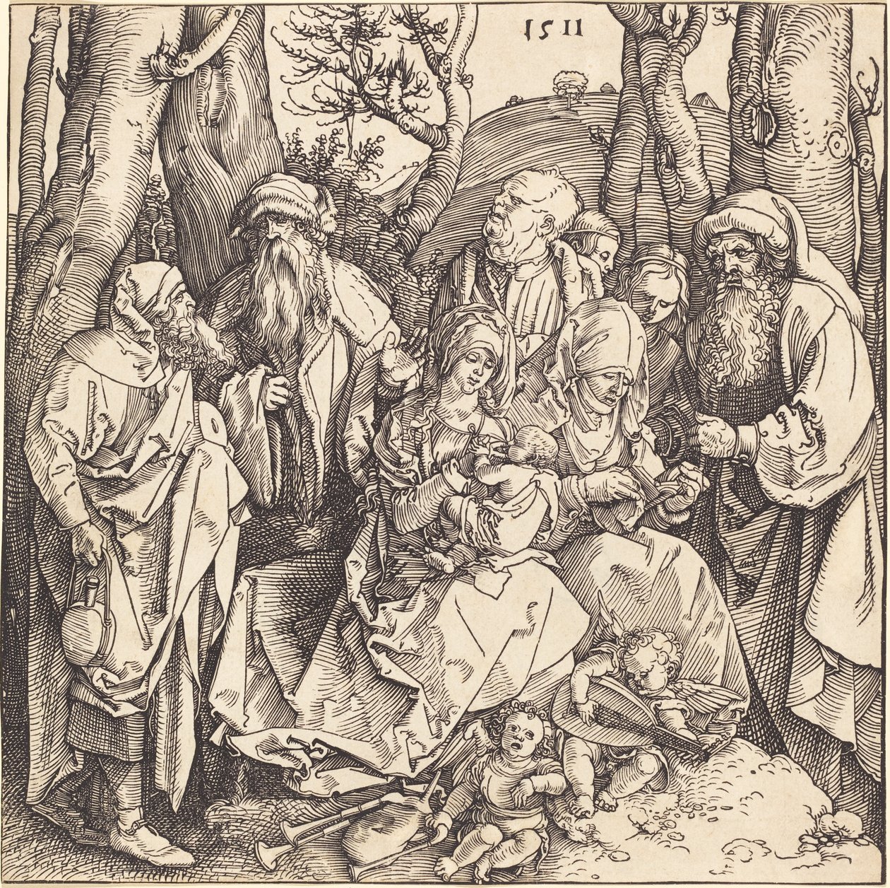 De Heilige Familie met twee muziekmakende engelen door Albrecht Dürer