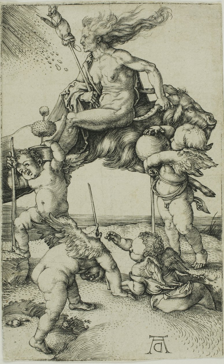 Heks die achteruit op een geit rijdt door Albrecht Dürer