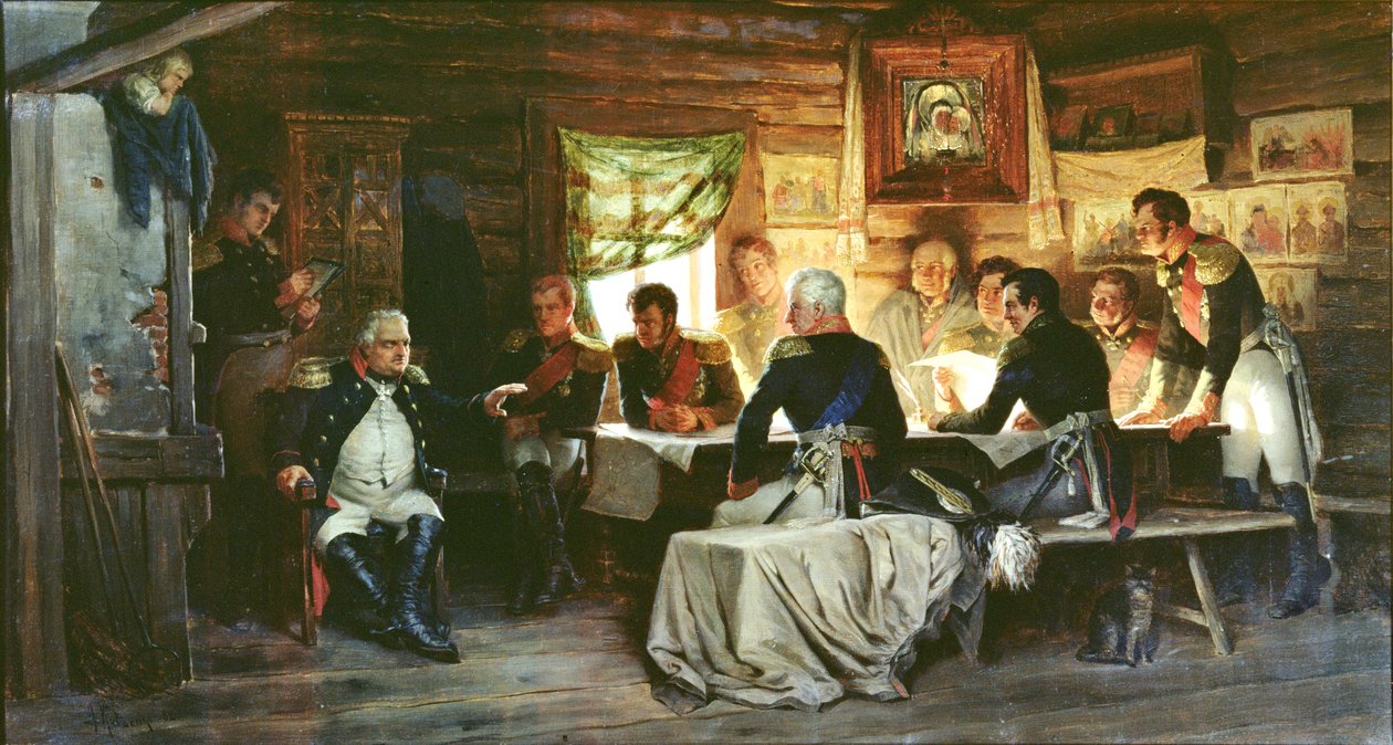Oorlogsraad in Fili in 1812 door Aleksei Danilovich Kivshenko