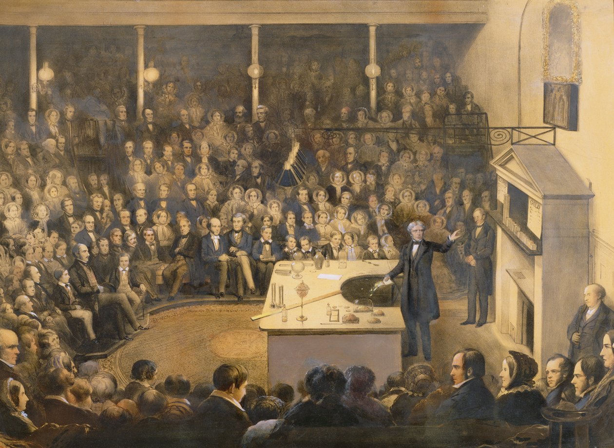 Michael Faraday (1791-1867) geeft een lezing in het theater van de Royal Institution, c.1856 door Alexander Blaikley
