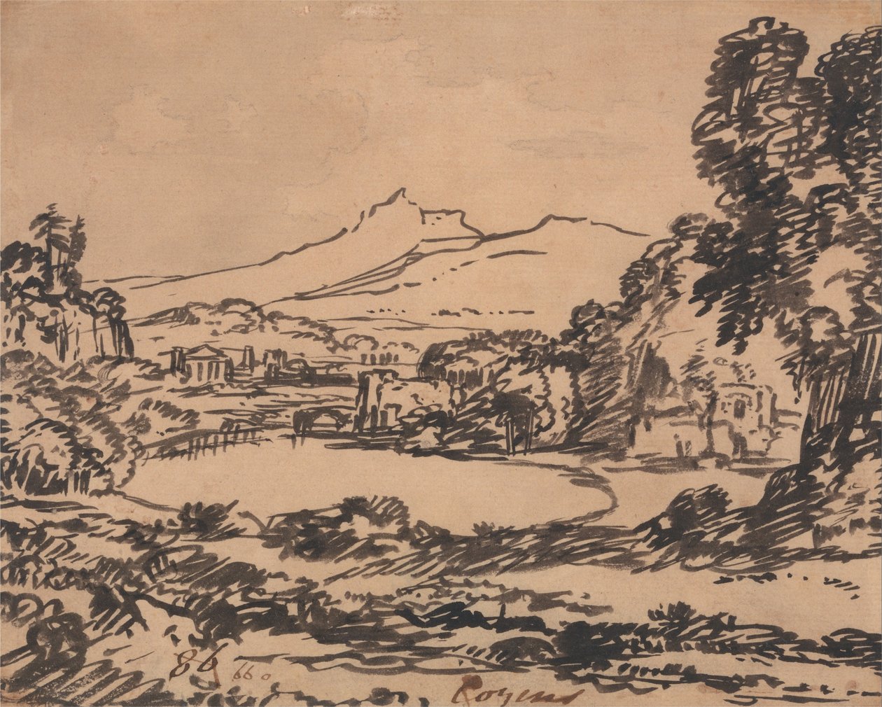 Landschap met een meer en verre berg door Alexander Cozens