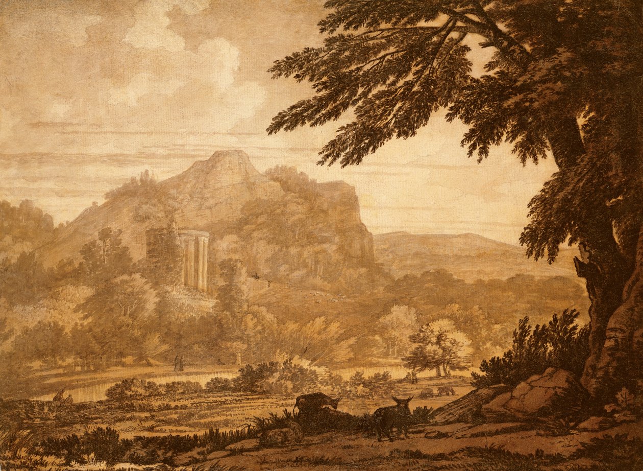 Landschap met een tempel door Alexander Cozens