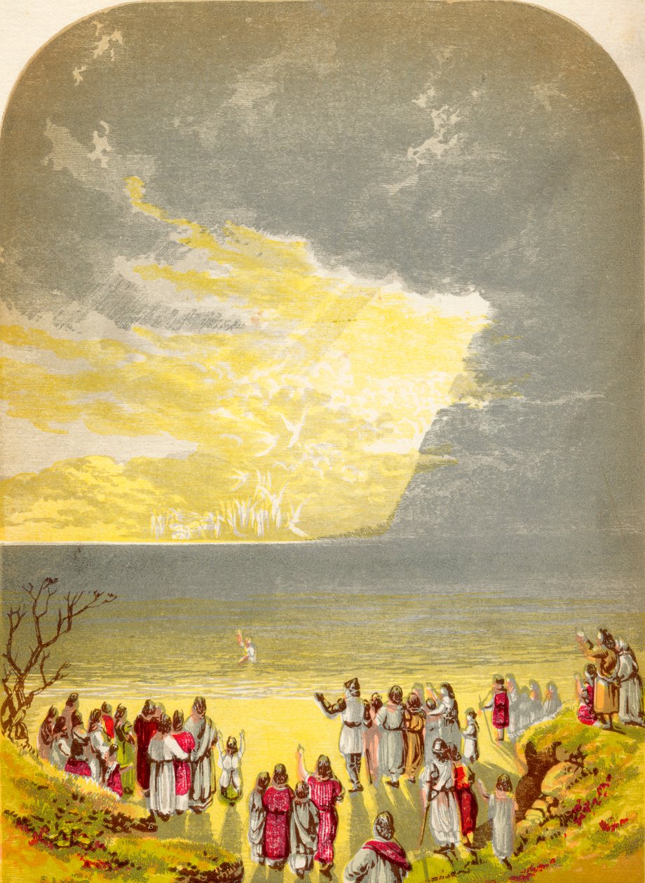 Christen steekt de rivier over, uit De Pelgrimsreis van John Bunyan, gepubliceerd ca. 1880 door Alexander Francis Lydon