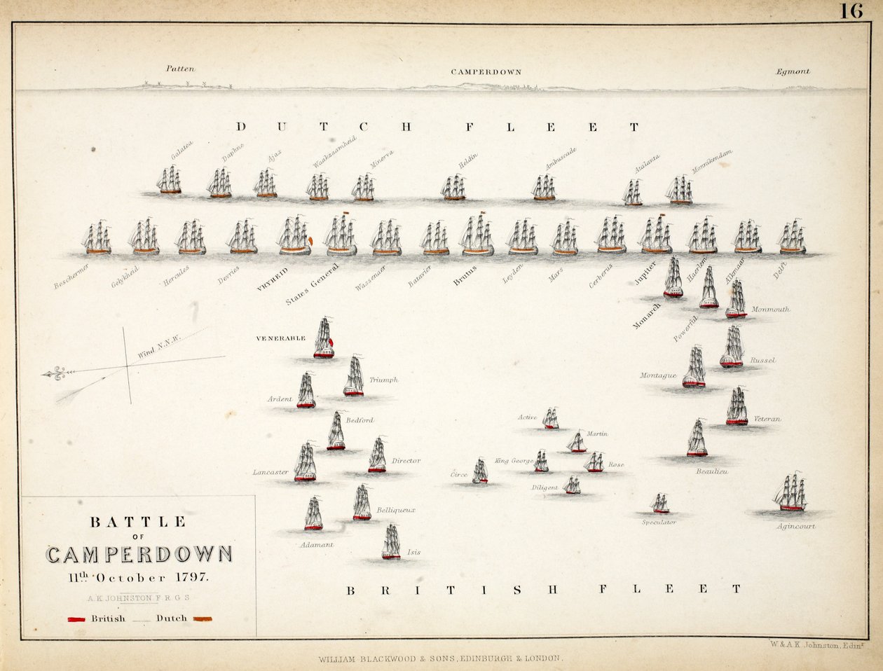Kaart van de Slag bij Camperdown, uitgegeven door William Blackwood and Sons, Edinburgh en Londen, 1848 door Alexander Keith Johnston