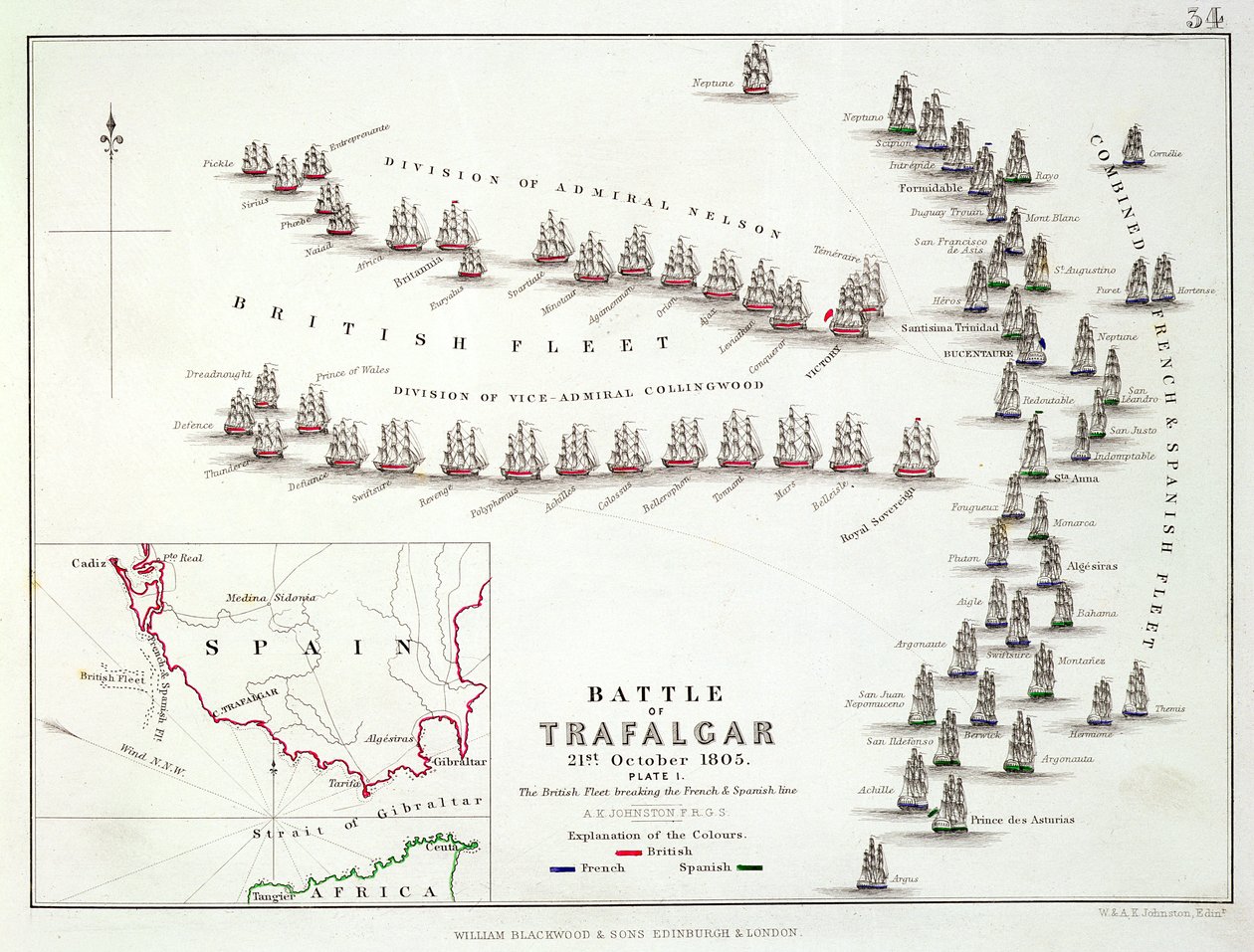 De Slag bij Trafalgar, 21 oktober 1805, De Britten doorbreken de Franse en Spaanse linie, c.1830s door Alexander Keith Johnston