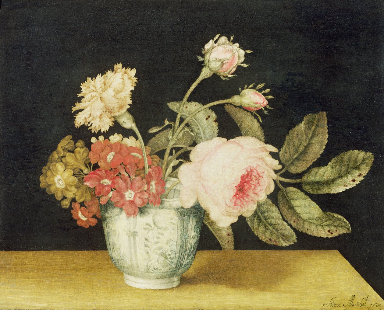Bloemen in een Delftse vaas door Alexander Marshal