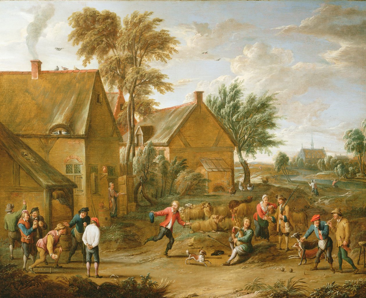 Een spelletje kegelen bij een taverne door Alexander van Bredael