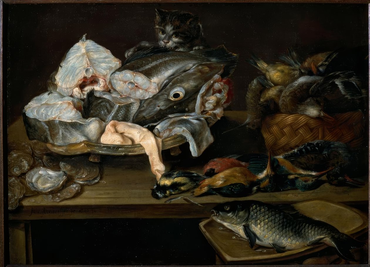Stilleven met vissen, zeevruchten, gevogelte en kat door Alexander van Adriaenssen