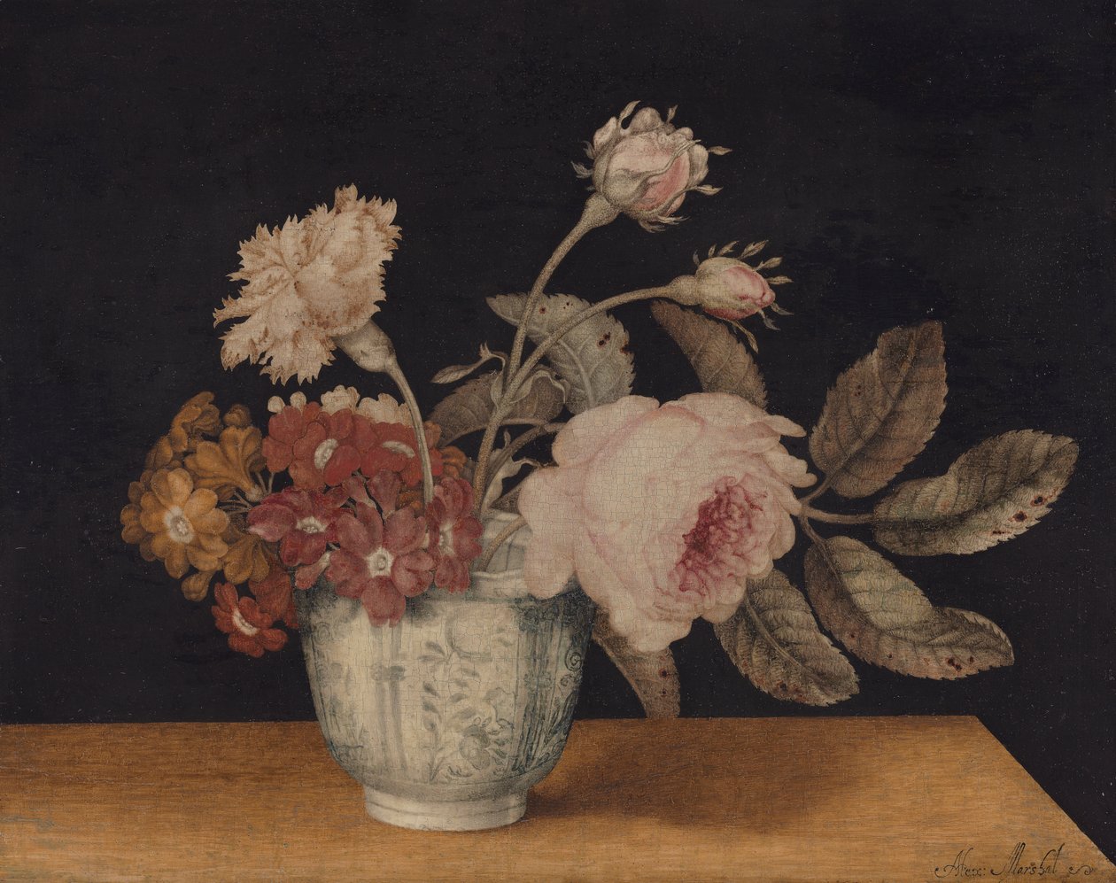 Bloemen in een Delftse vaas door Alexander Marshal