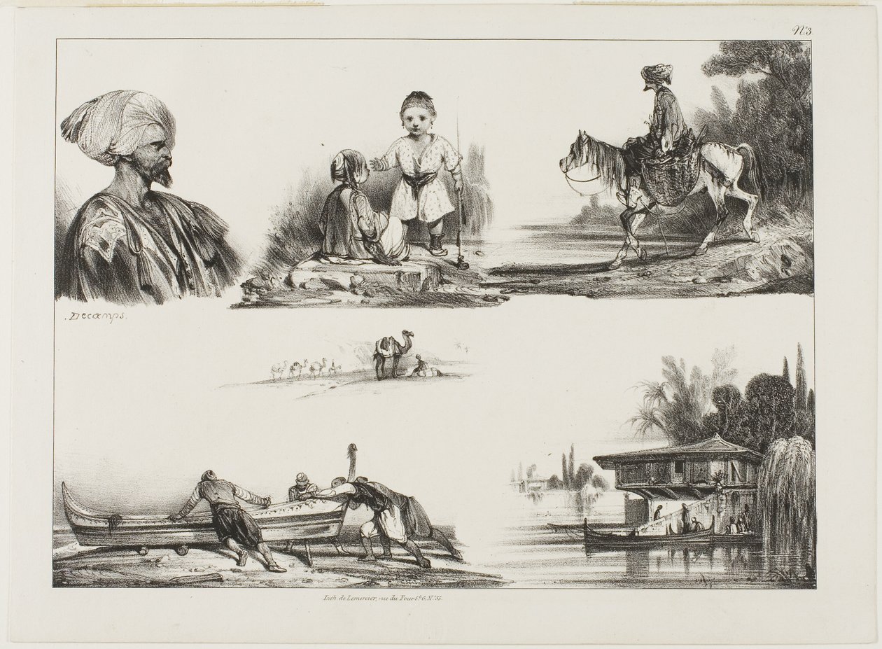 Blad met schetsen, nr. 3 door Alexandre Gabriel Decamps
