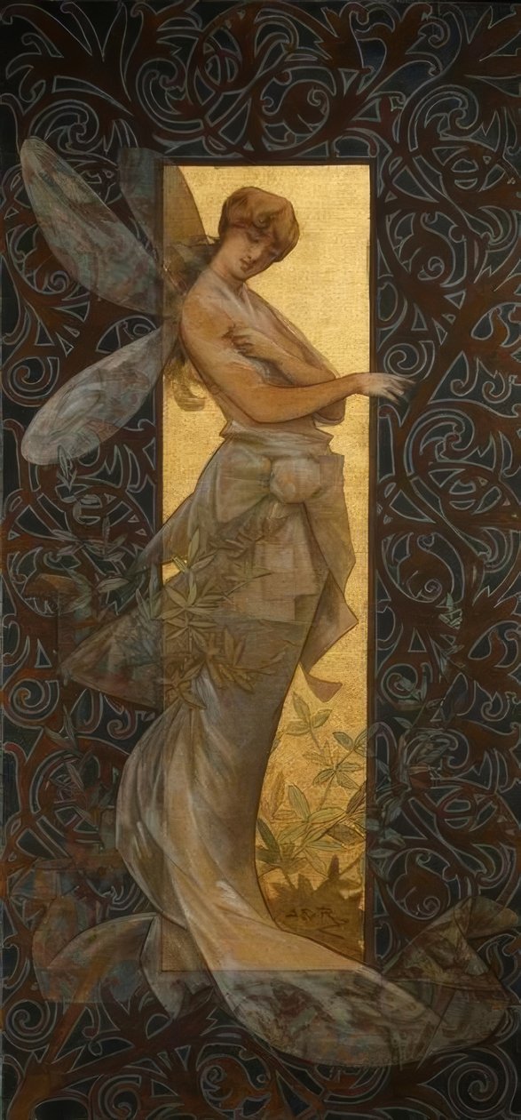 Compositie met gevleugelde nimf bij zonsopgang door Alexandre de Riquer