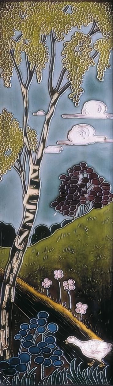 Modernistische emaille. Detail eend en bomen. door Alexandre de Riquer
