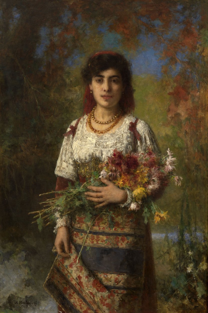 Een jonge vrouw met bloemen door Alexei Harlamov