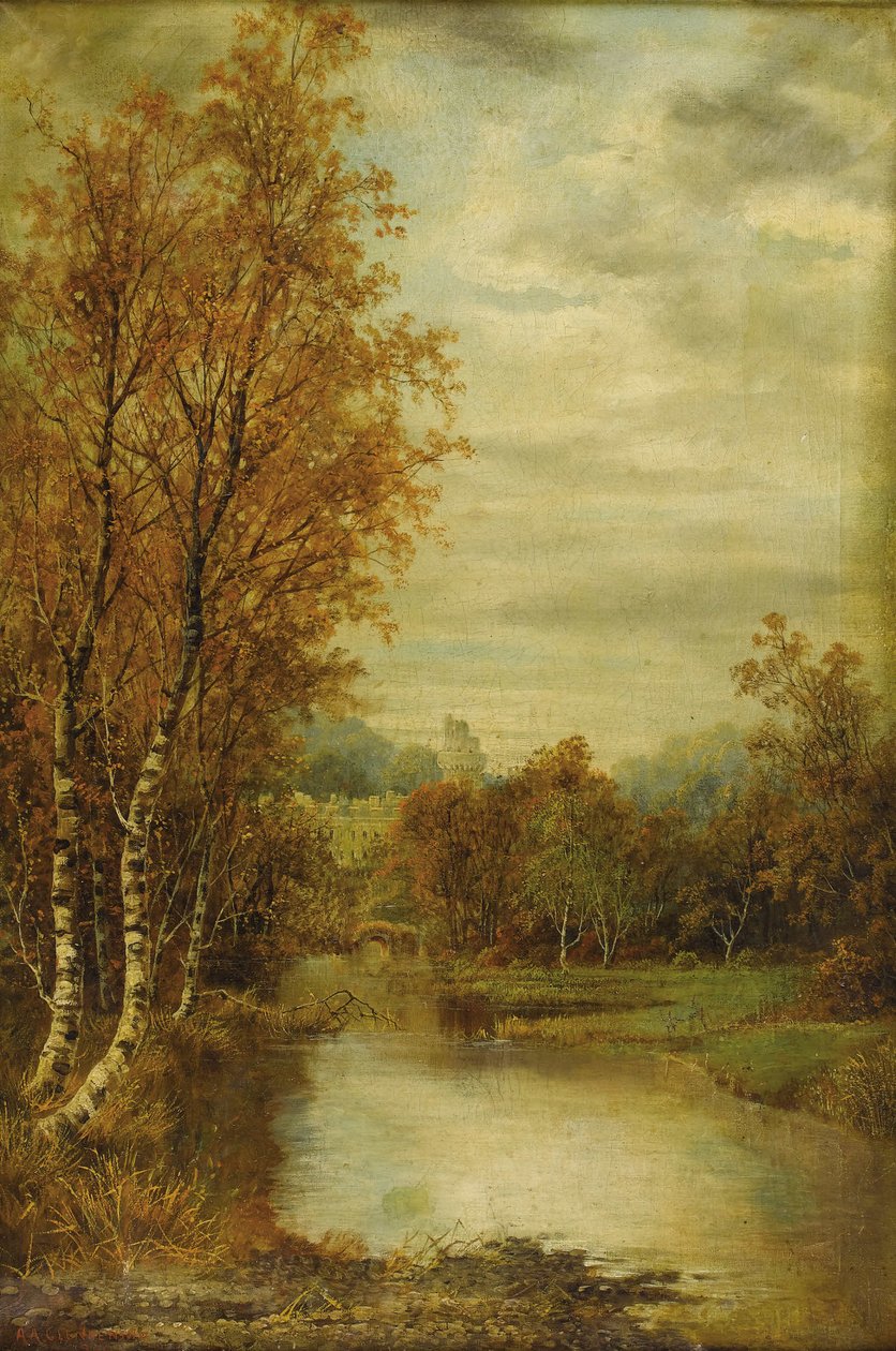 Herfstlandschap met Vijver en Kasteeltoren door Alfred Augustus Glendening