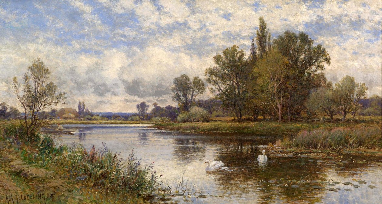 Rivierscène met Zwanen door Alfred Augustus Glendening