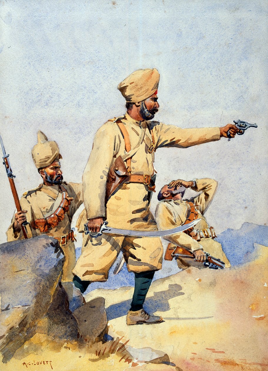 Soldaten van de 24e Punjabis Malikdin Khel (Afridi) en Subadar, Jay Sikh, illustratie voor 