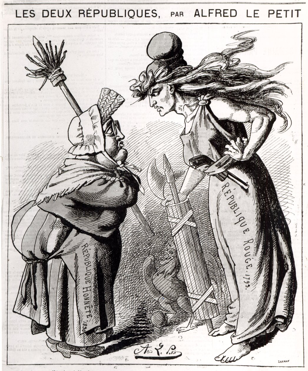 Cartoon die de Sociale Franse Republiek tegen de Conservatieve Franse Republiek uitbeeldt uit 
