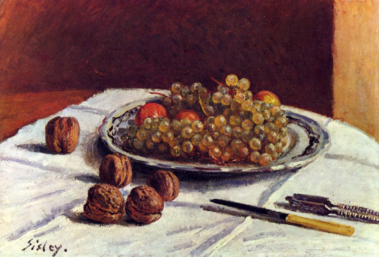 Stilleven, druiven en noten door Alfred Sisley