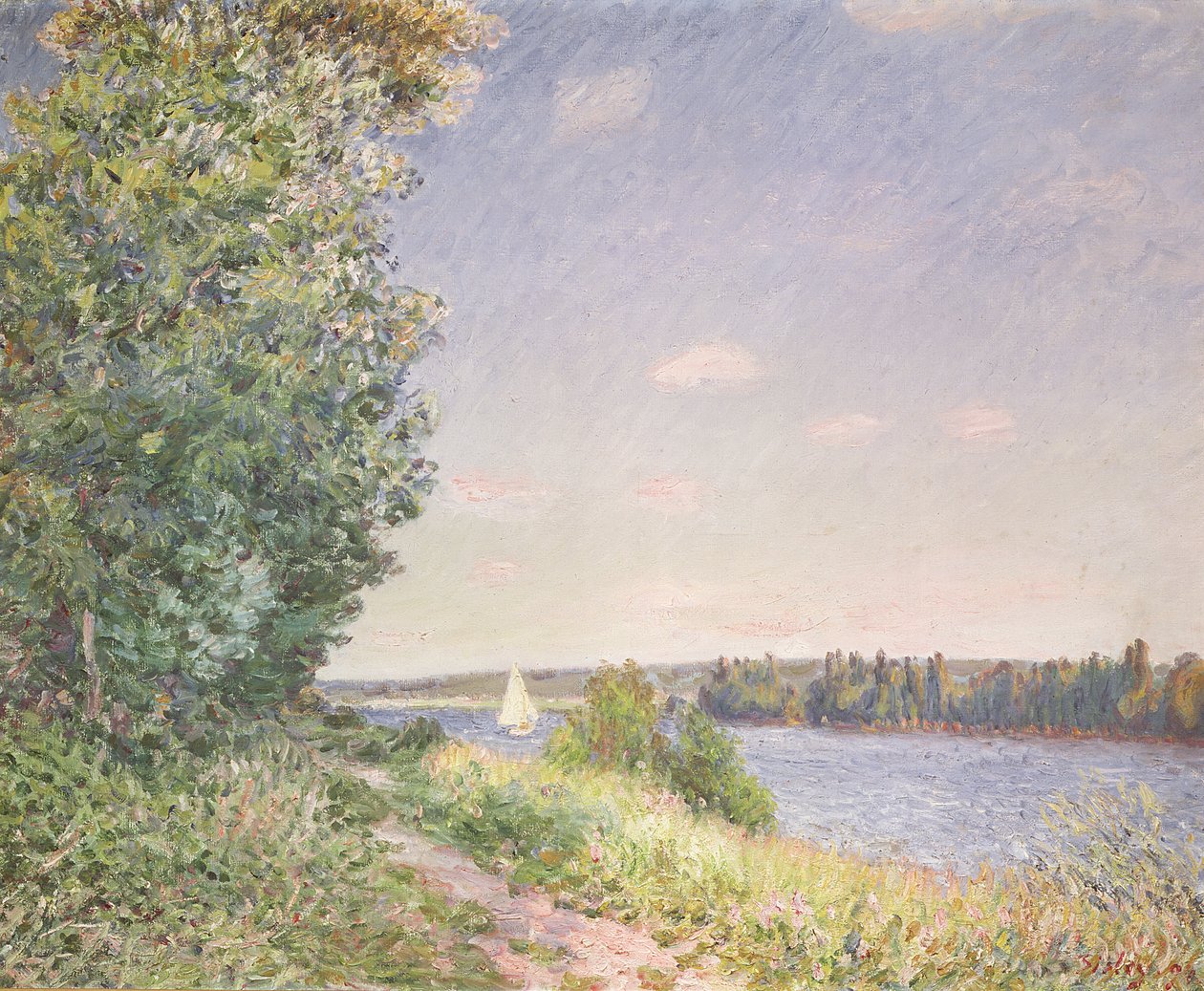 Normandië, het waterpad in de avond, Sahurs, 1894 door Alfred Sisley