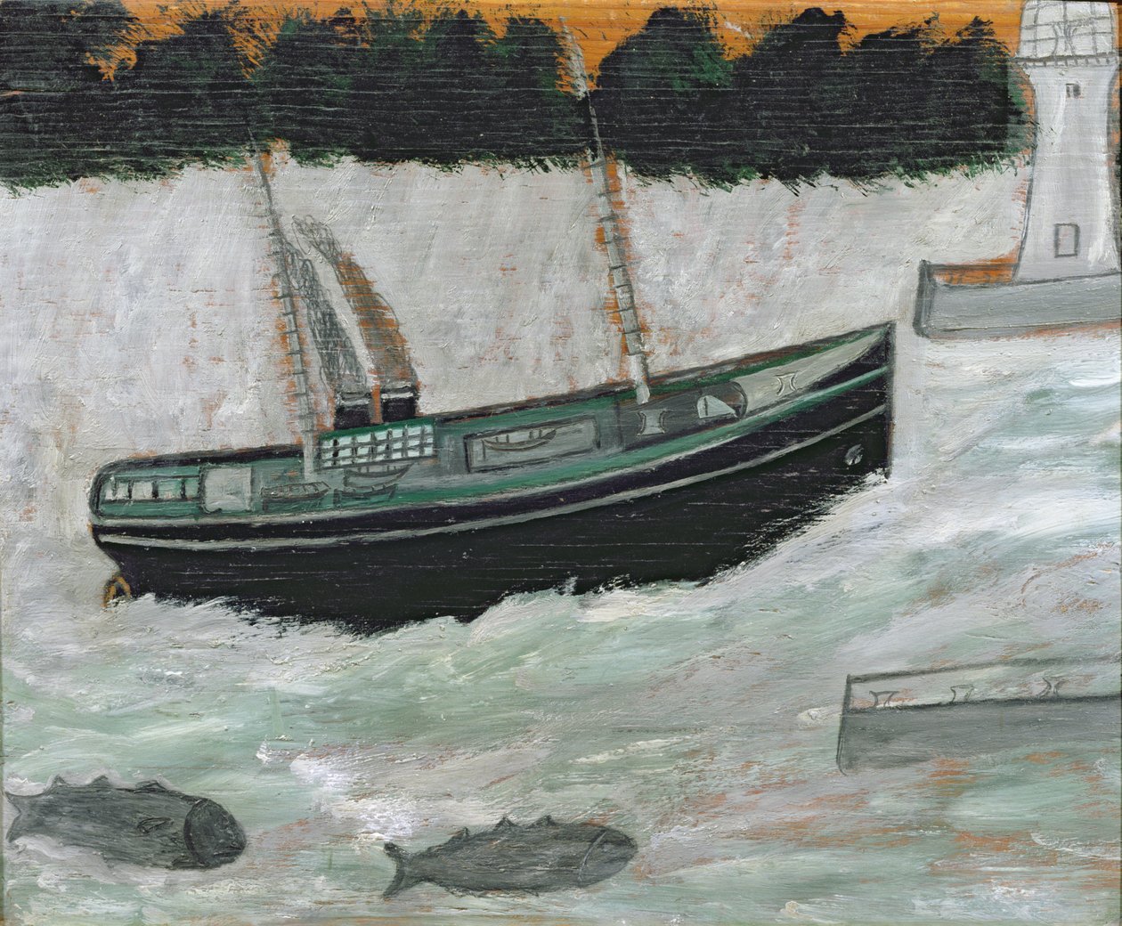 Vuurtoren met trawler en vis door Alfred Wallis