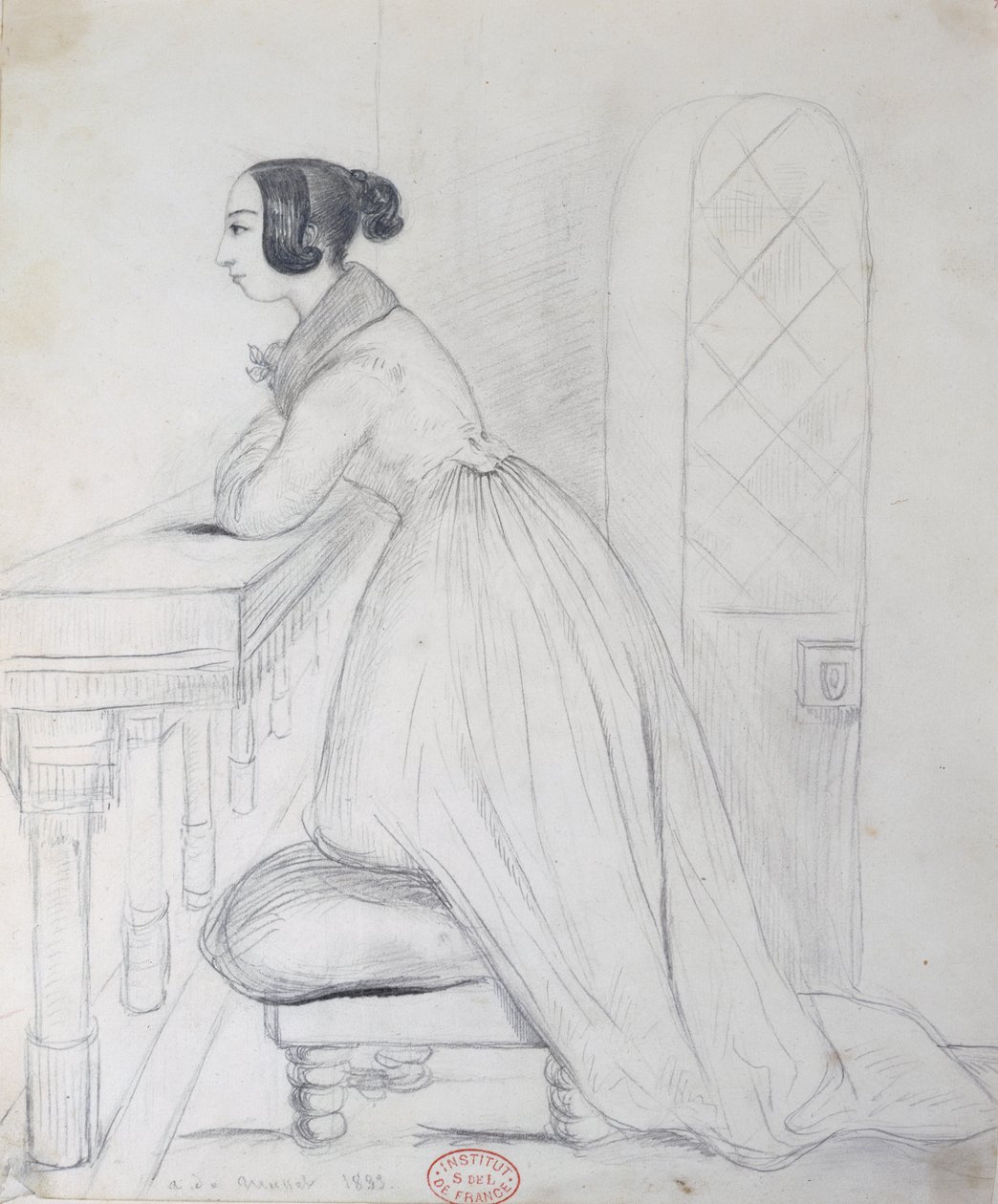 George Sand (1804-76) knielend op een poef en met haar ellebogen op een balustrade, 1833 door Alfred de Musset