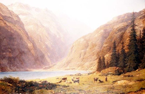 Een bergachtig meerlandschap met vee door Alfred Chavannes