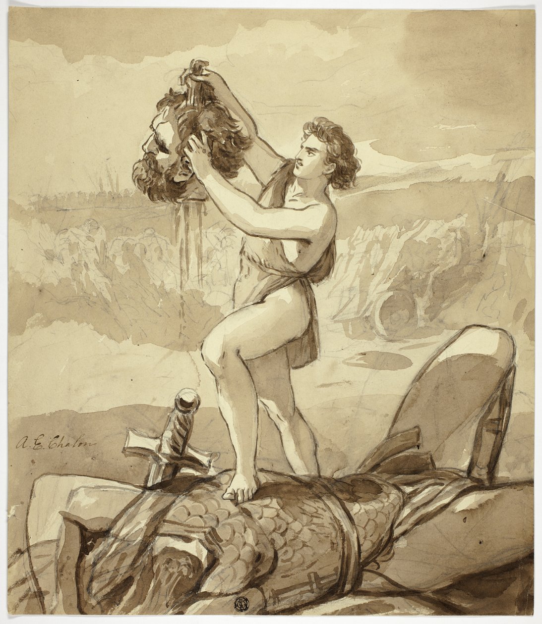 David en Goliath door Alfred Edward Chalon