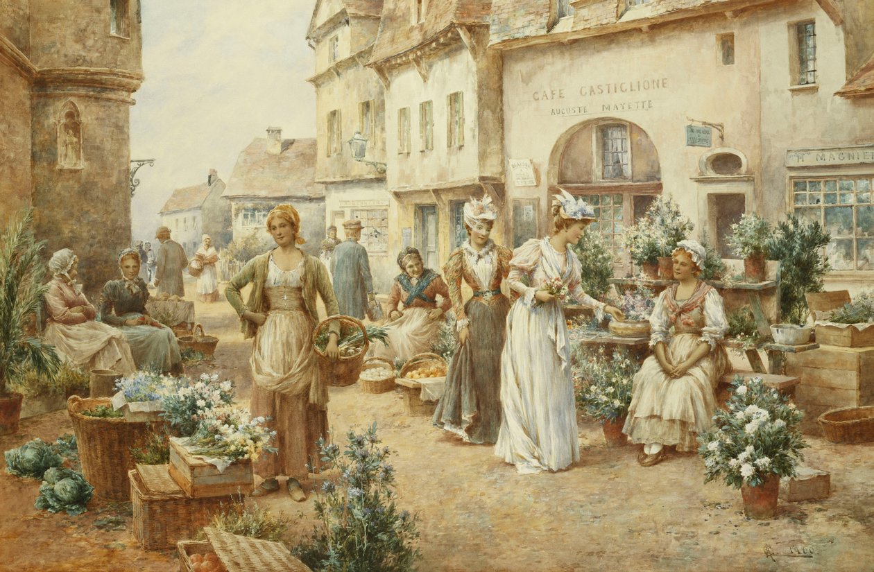 Een bloemenmarkt, Frankrijk, 1900 door Alfred Glendening