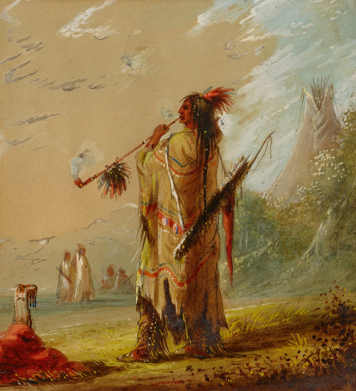 Een Shoshonee Indiaan rookt, ca. 1860s door Alfred Jacob Miller