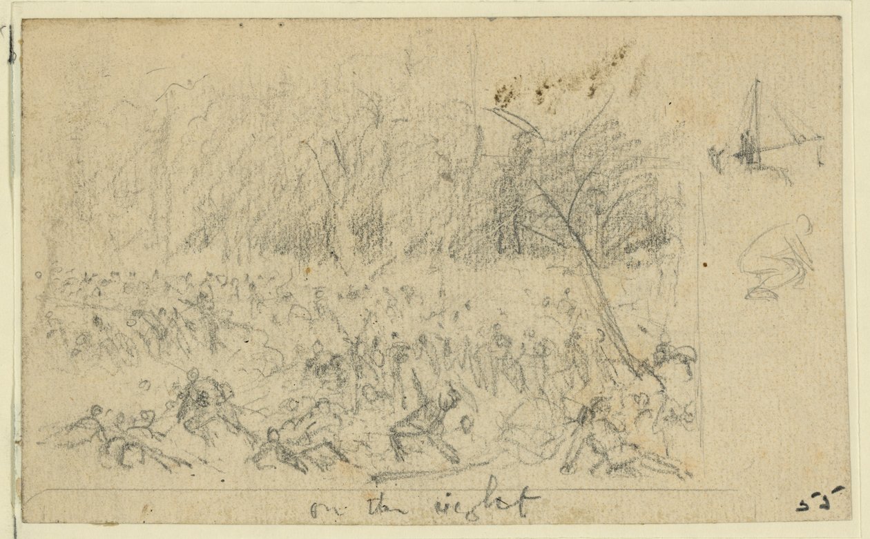 Ruwe schets van een gevechtsscène door Alfred Rudolph Waud