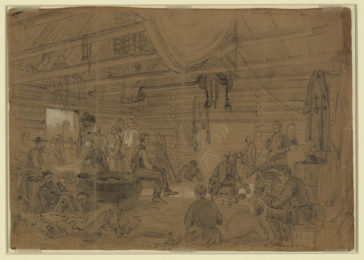 Skedaddlers Hall, Harrisons Landing door Alfred Rudolph Waud