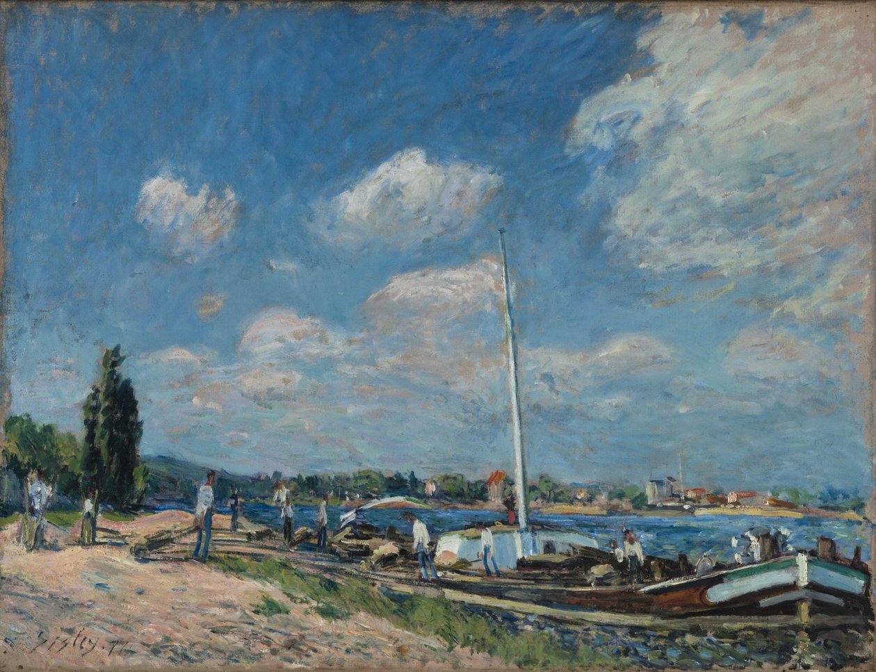 Frans: Lossen van binnenvaartschepen bij Billancourt door Alfred Sisley