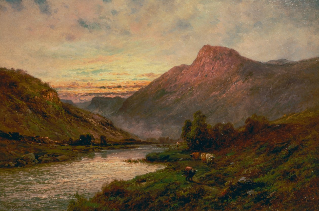 De Tay bij Zonsondergang, Dunkeld door Alfred de Breanski
