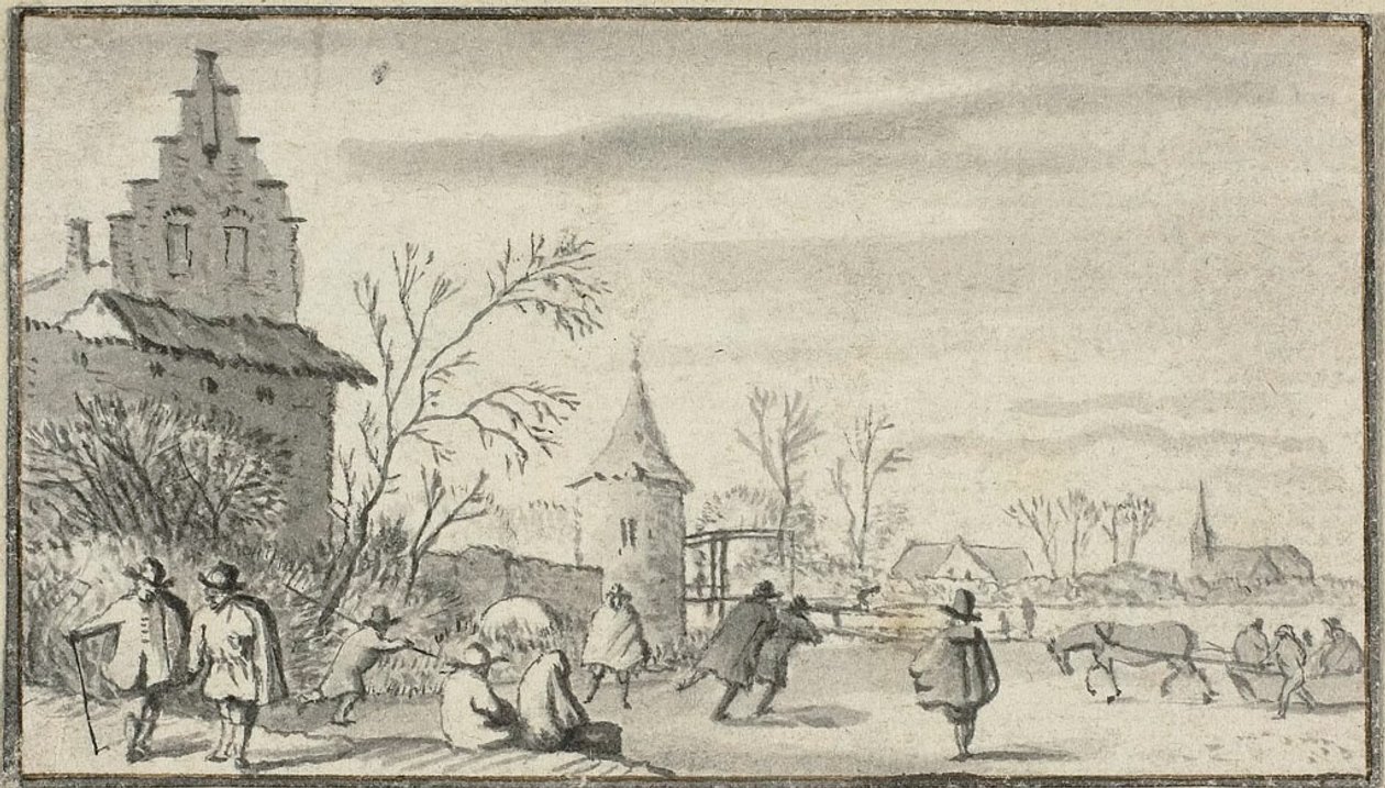 Schaatsers op vijver buiten de stad door Allaert van Everdingen
