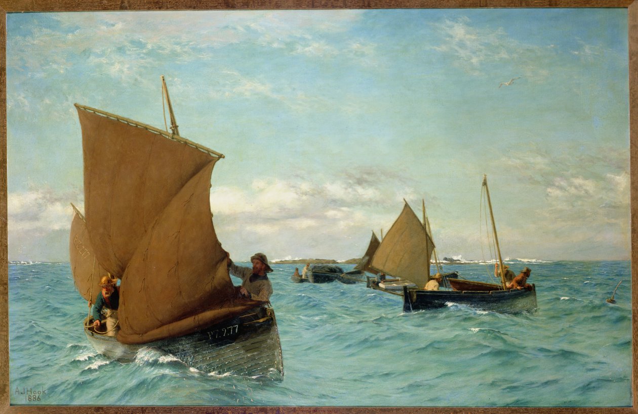 Luggers die aanmeren, 1886 door Allan J. Hook