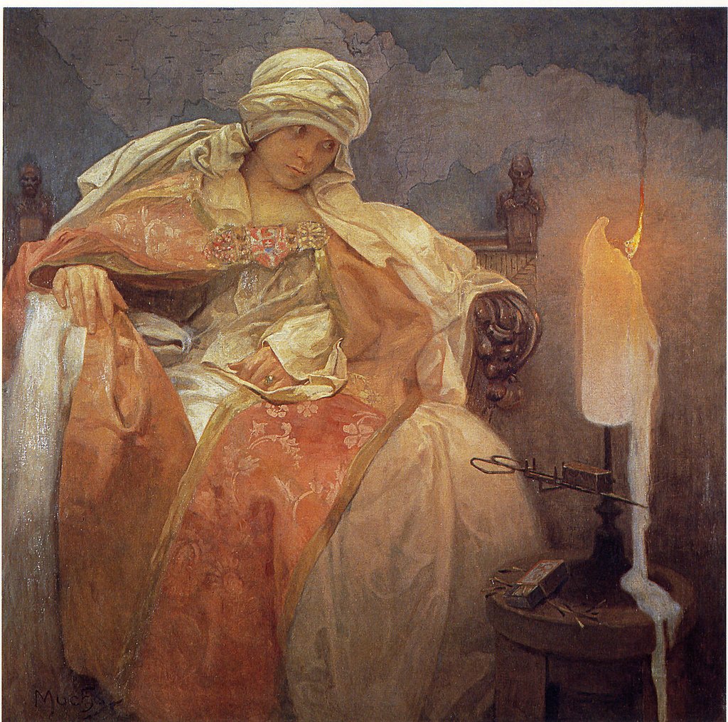 Vrouw met een brandende kaars door Alphonse Mucha
