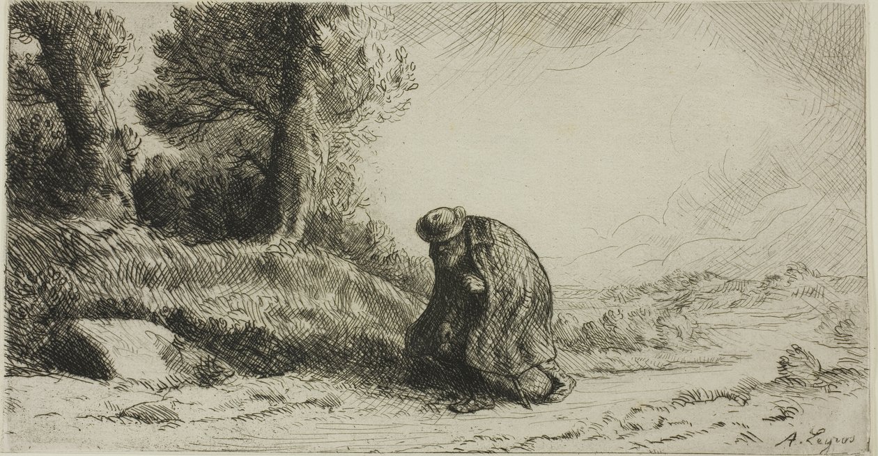 Een zwerver die langs een laan loopt door Alphonse Legros