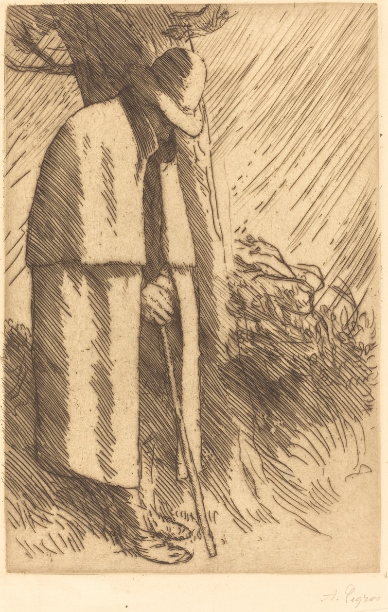 Reiziger die schuilt door Alphonse Legros