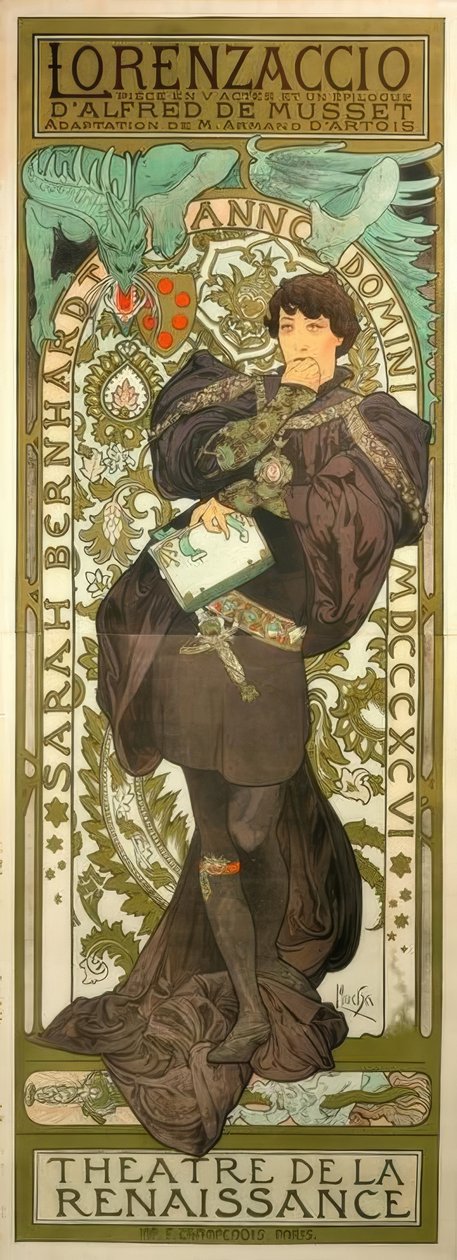 Sarah Bernhardt als Lorenzaccio door Alphonse Mucha
