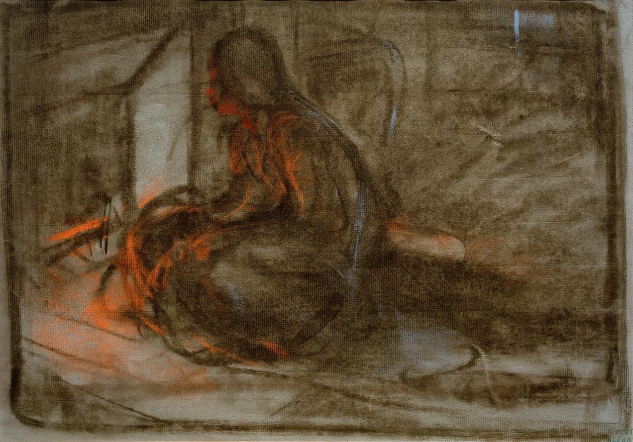Vrouw zittend voor het vuur door Alphonse Mucha
