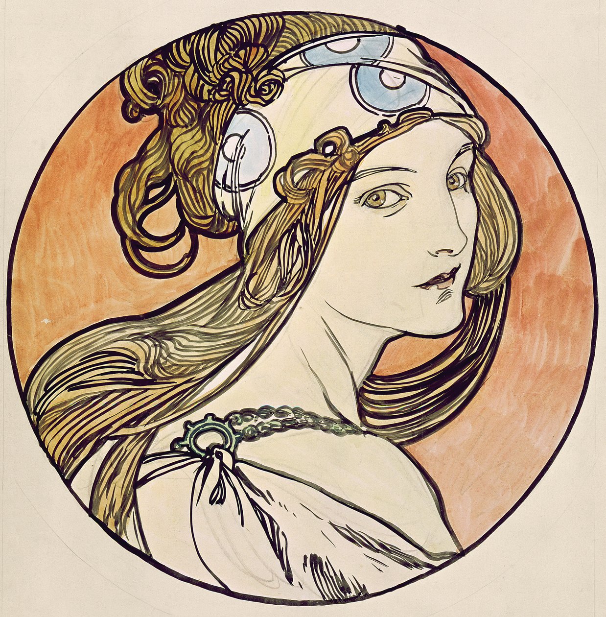 Vrouw met een hoofddoek door Alphonse Mucha