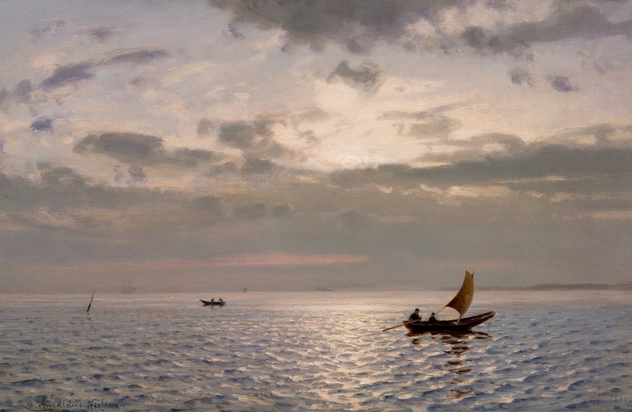 Zon schittert op zee met boten door Amaldus Nielsen