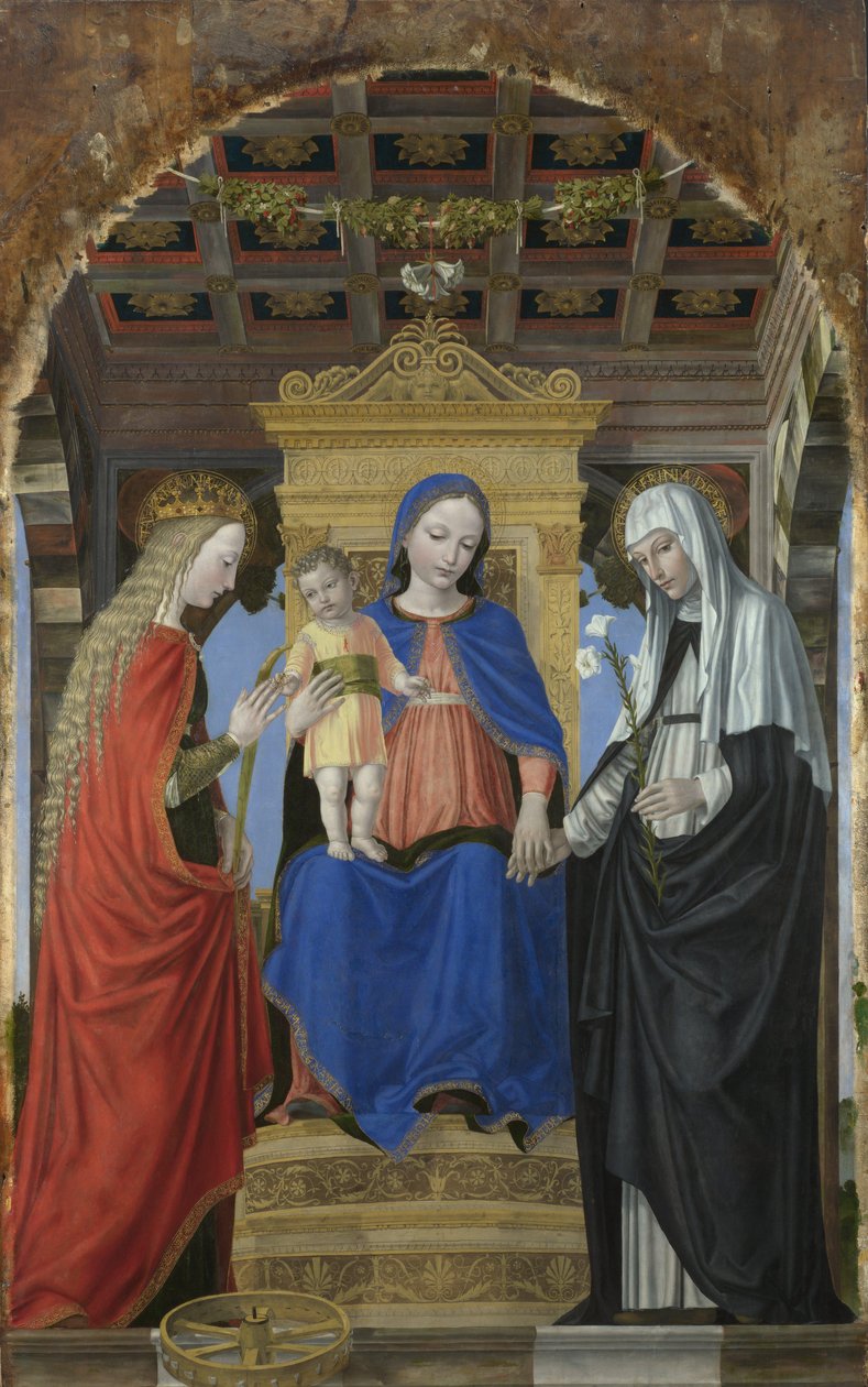 De maagd en het kind met heiligen door Ambrogio Bergognone