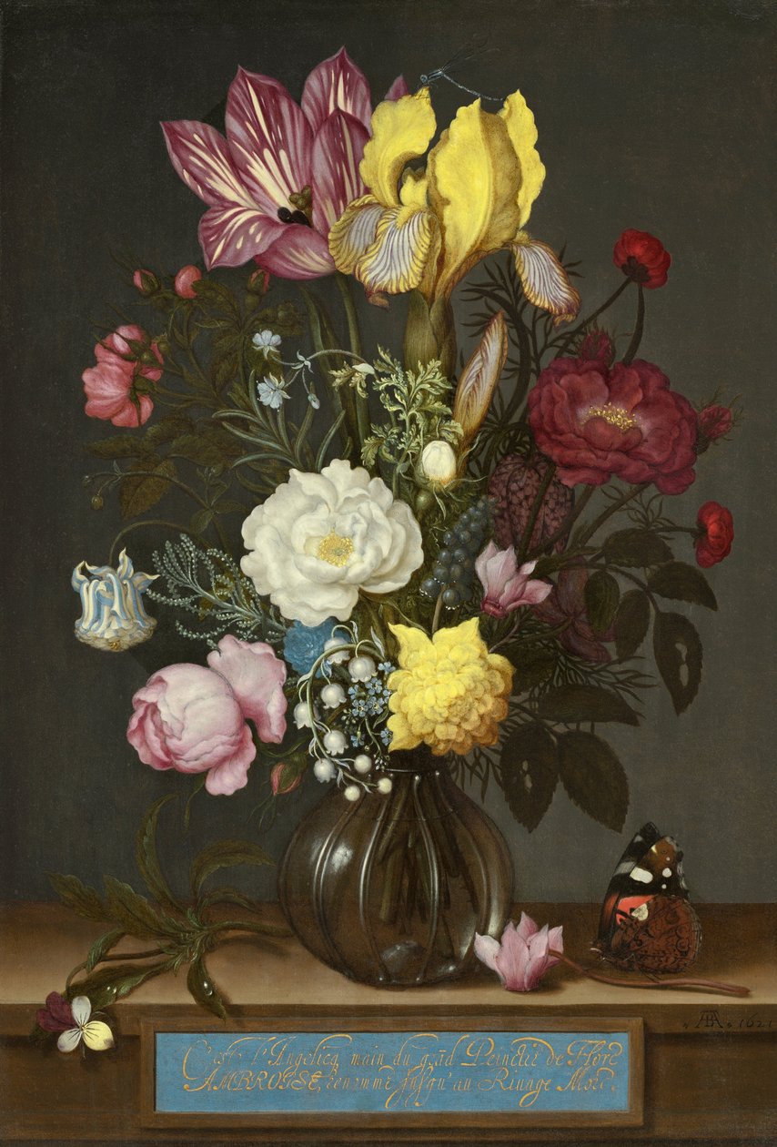 Boeket bloemen in een glazen vaas door Ambrosius the Elder Bosschaert
