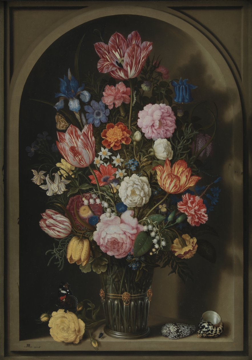 Boeket bloemen in een stenen nis door Ambrosius the Elder Bosschaert
