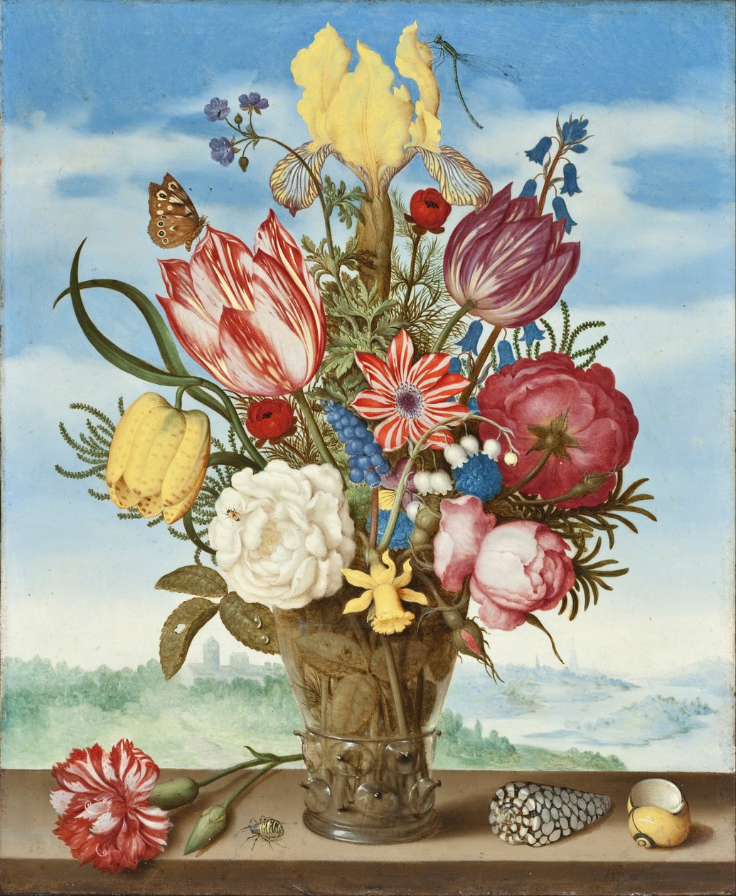 Boeket bloemen op een richel door Ambrosius Bosschaert