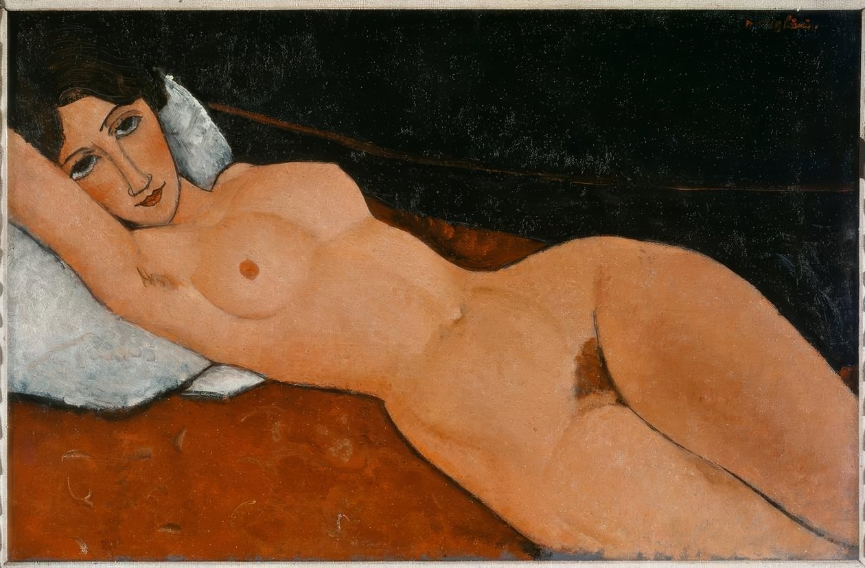 Liggende vrouwelijke naakt op wit kussen door Amedeo Modigliani