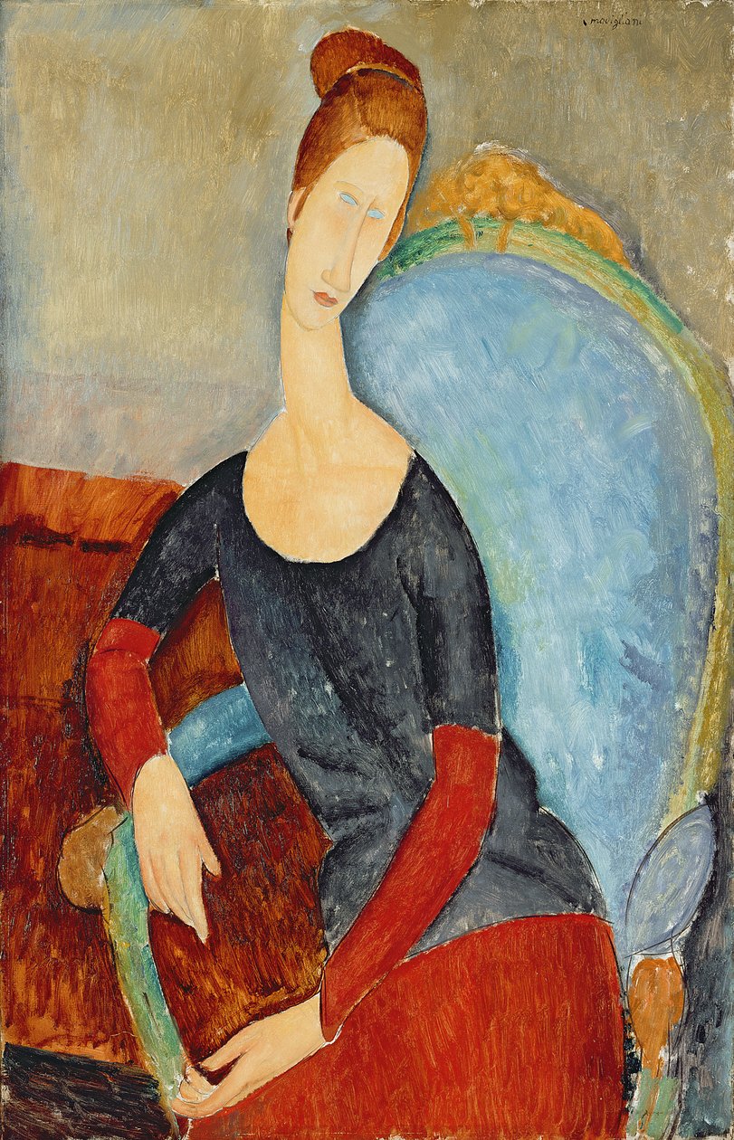 Mevrouw Hebuterne in een blauwe stoel, 1918 door Amedeo Modigliani